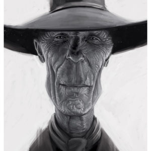 Caricature of Ed Harris as The Man in Black from Westword